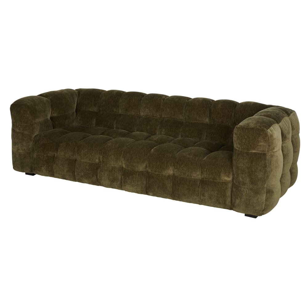 Canapé nuage 3/4 places en velours vert kaki effet vieilli