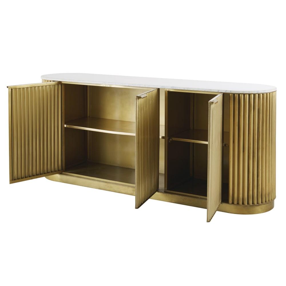 Buffet 3 portes en métal ondulé coloris laiton et marbre blanc L185 — vue 4