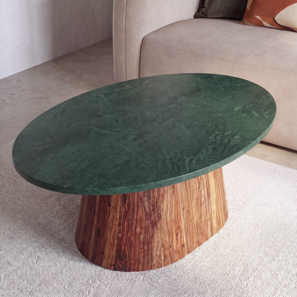 Table basse en marbre vert et bois d'acacia massif, L103 cm
