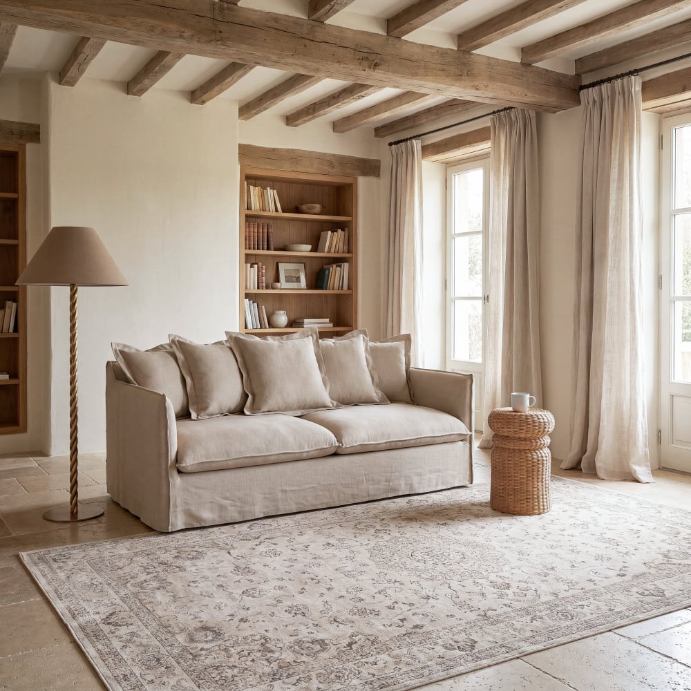Grand tapis style oriental tissé jacquard beige et gris 200x300