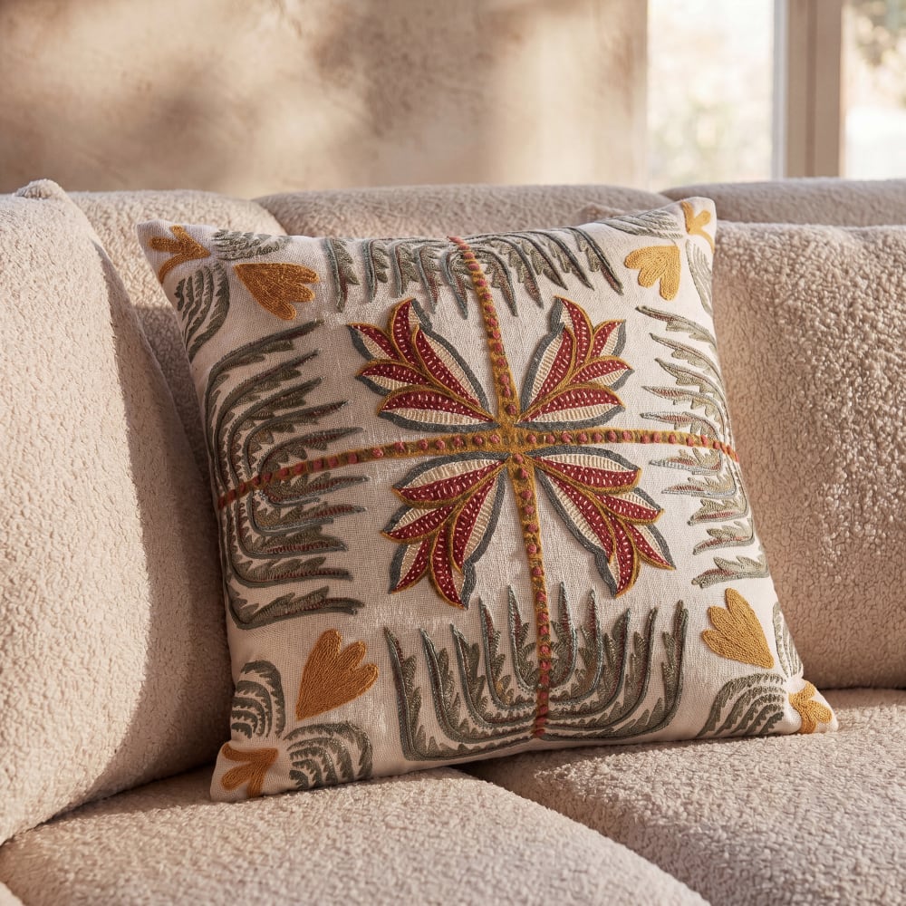 Housse de coussin en coton brodé motif exotique multicolore imprimé 40x40