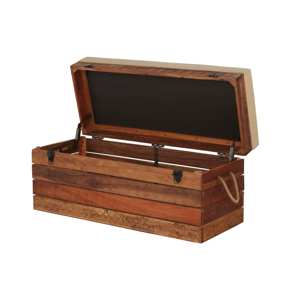 Banquette coffre en bois de manguier et coton beige foncé — vue 3
