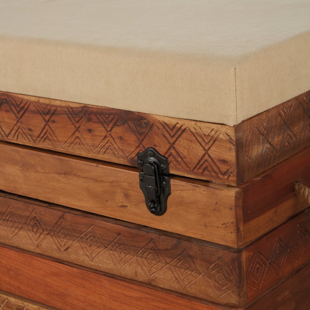 Banquette coffre en bois de manguier et coton beige foncé — vue 4