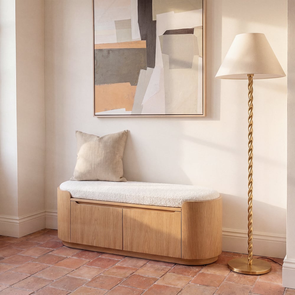 Banc d'entrée 2 portes et coussin écru, L135 cm