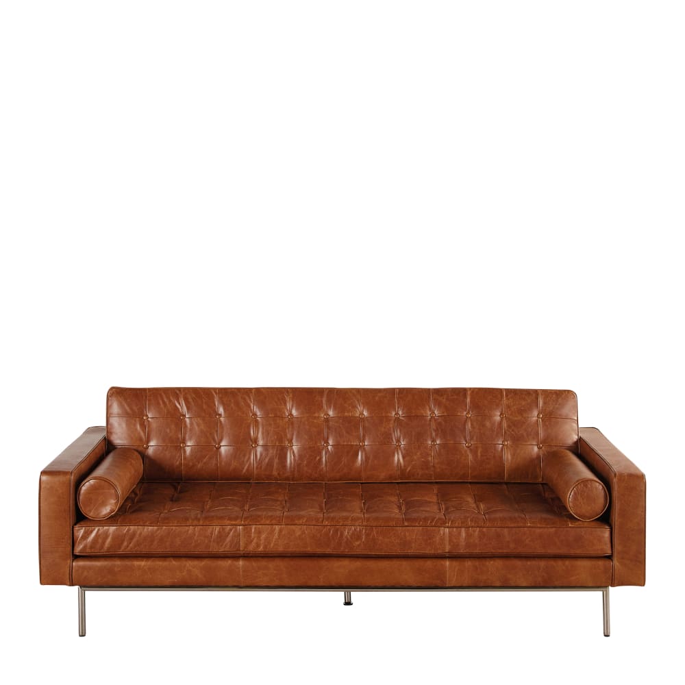 Canapé capitonné 3 places en cuir marron