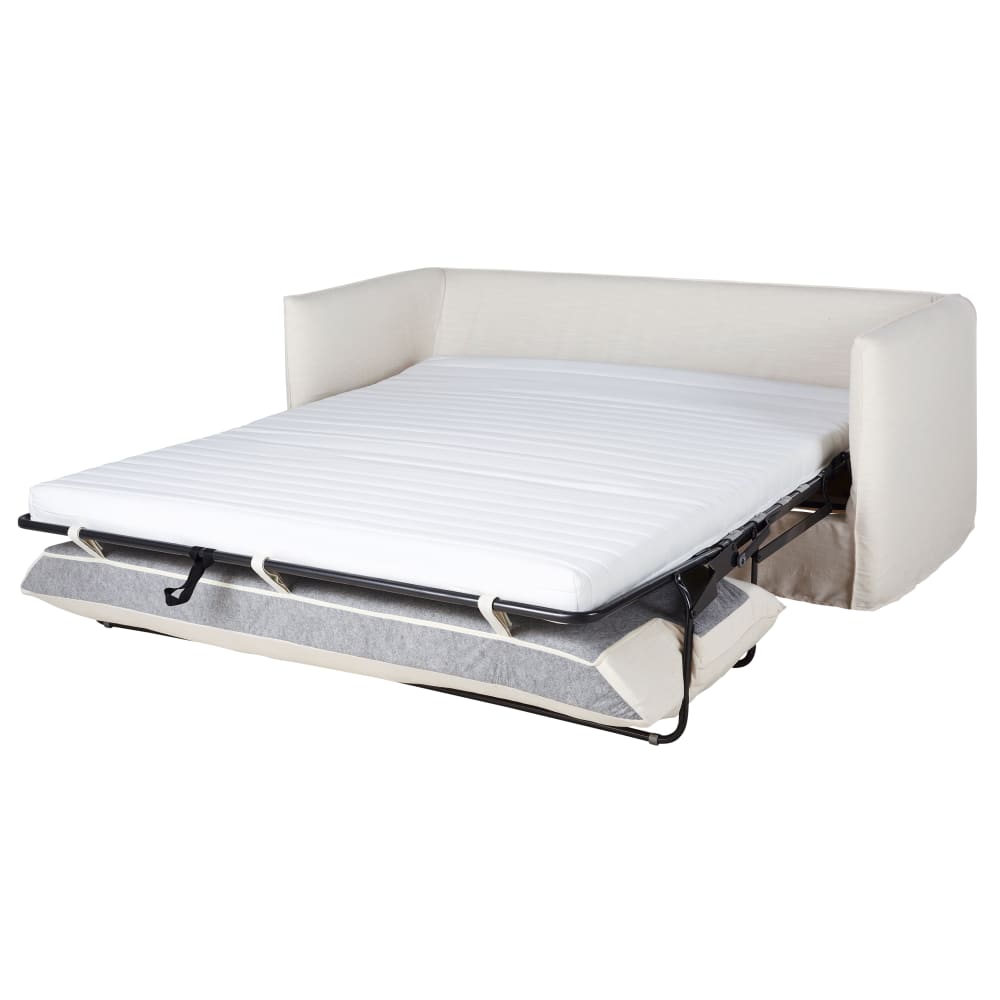 Canapé convertible 3/4 places en tissu blanc effet lin, matelas