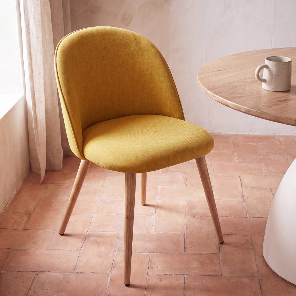 Chaise vintage en tissu recyclé ocre et acier imitation chêne