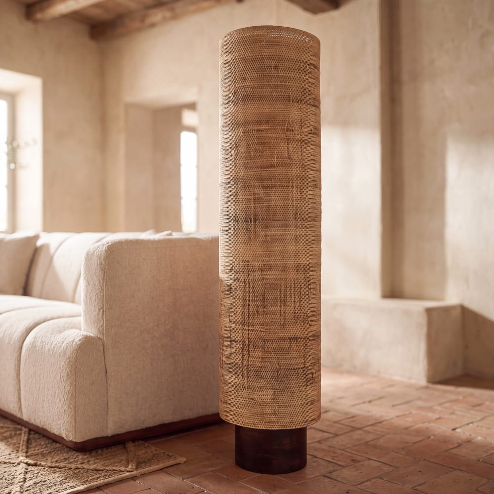 Lampadaire tube en raphia et bois d'hévéa H140