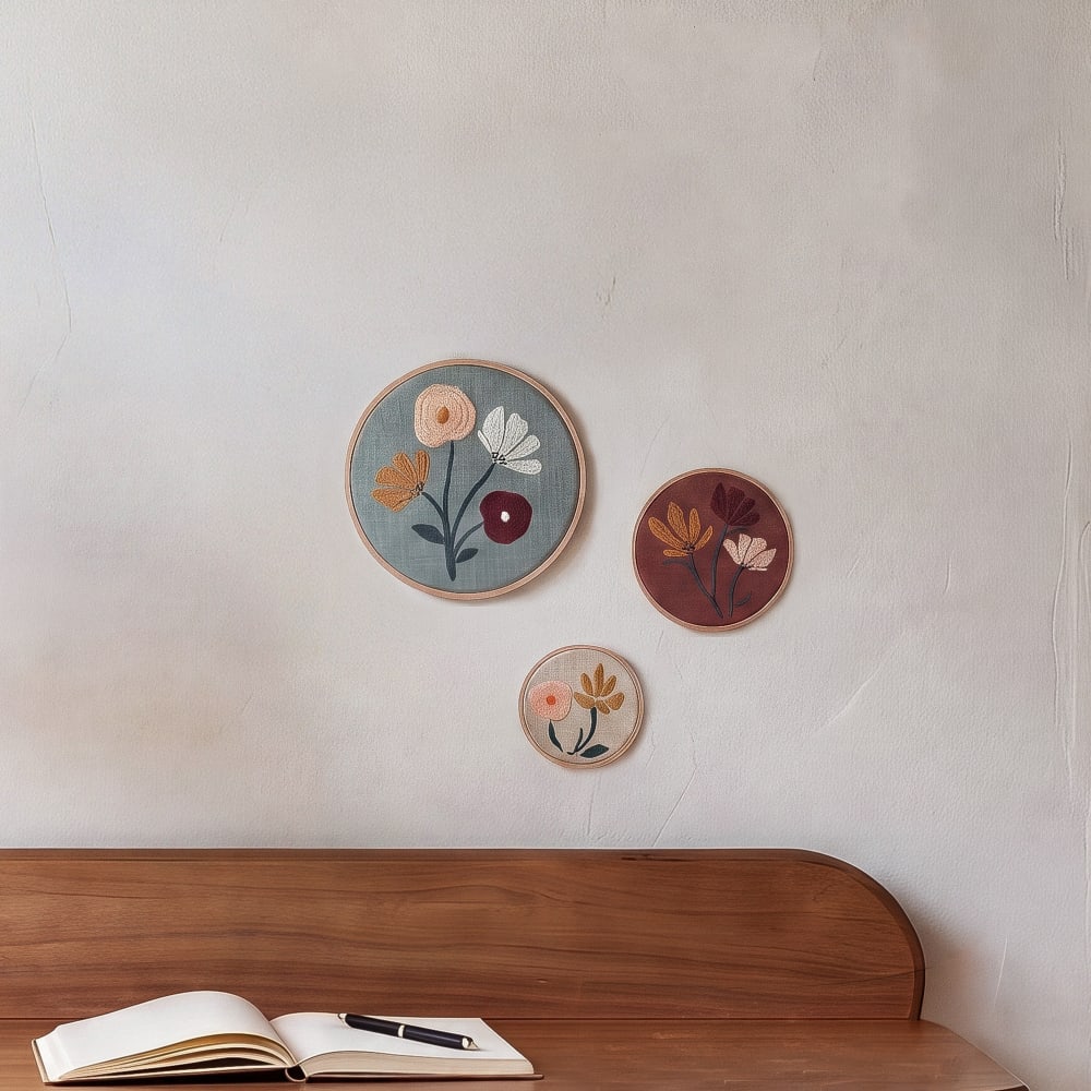 Déco murales rondes brodées multicolores (x3)