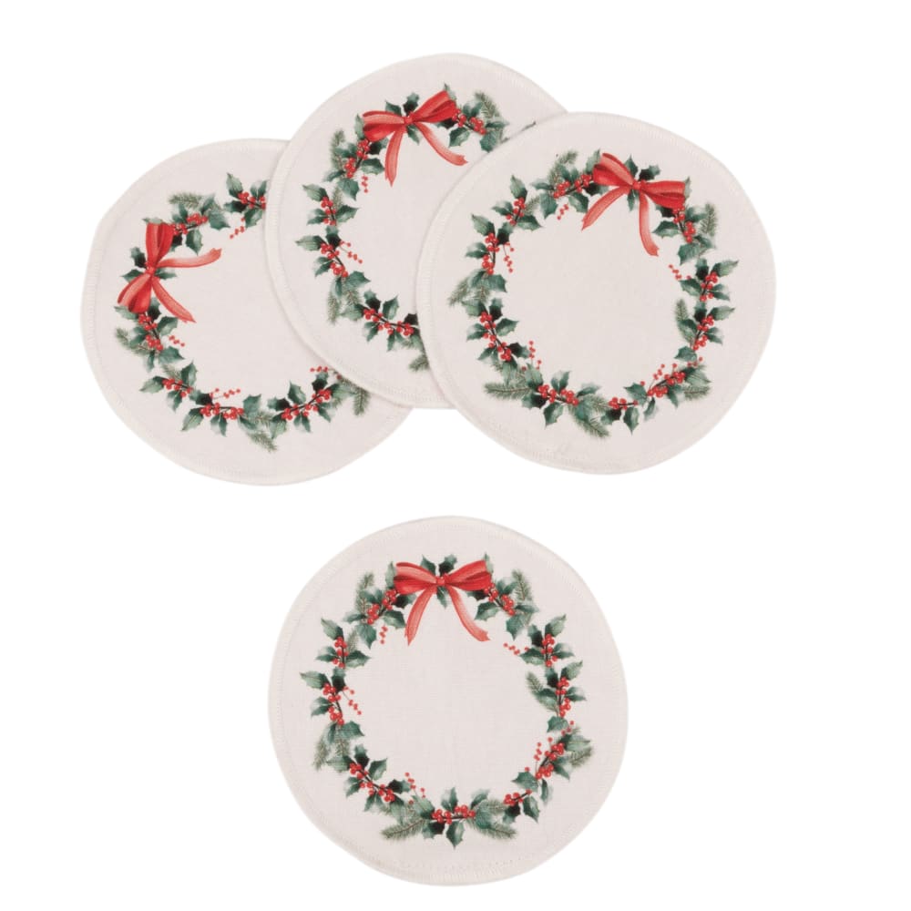 Sous-verres en coton biologique motifs couronne de noël vert et rouge D12 (X4) Sous-verres en coton biologique motifs couronne de noël vert et rouge D12 (X4)