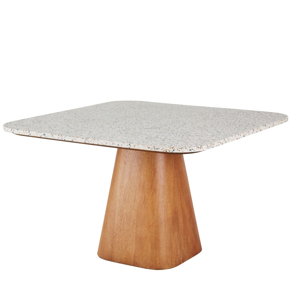Table à manger carrée en pierre effet terrazzo et placage en bois de manguier 6 personnes L120 — vue 3