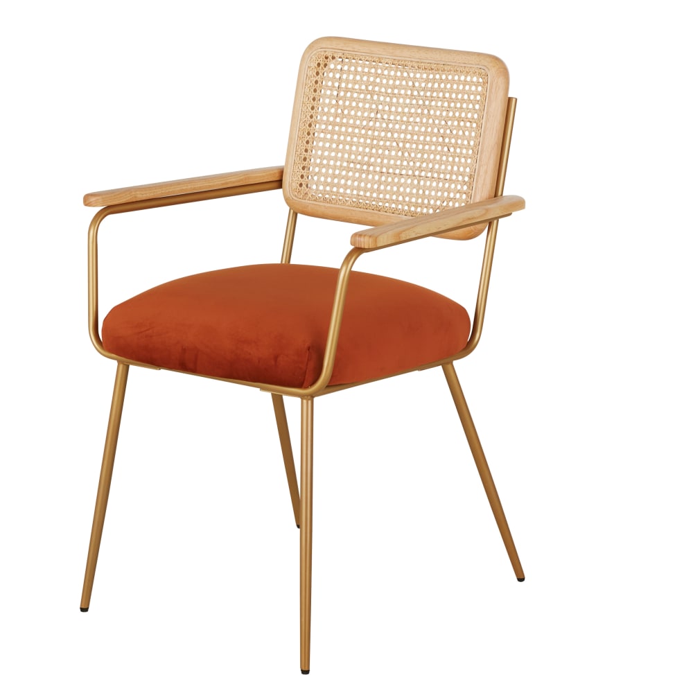 Fauteuil de table orange écureuil et cannage en rotin — vue 3