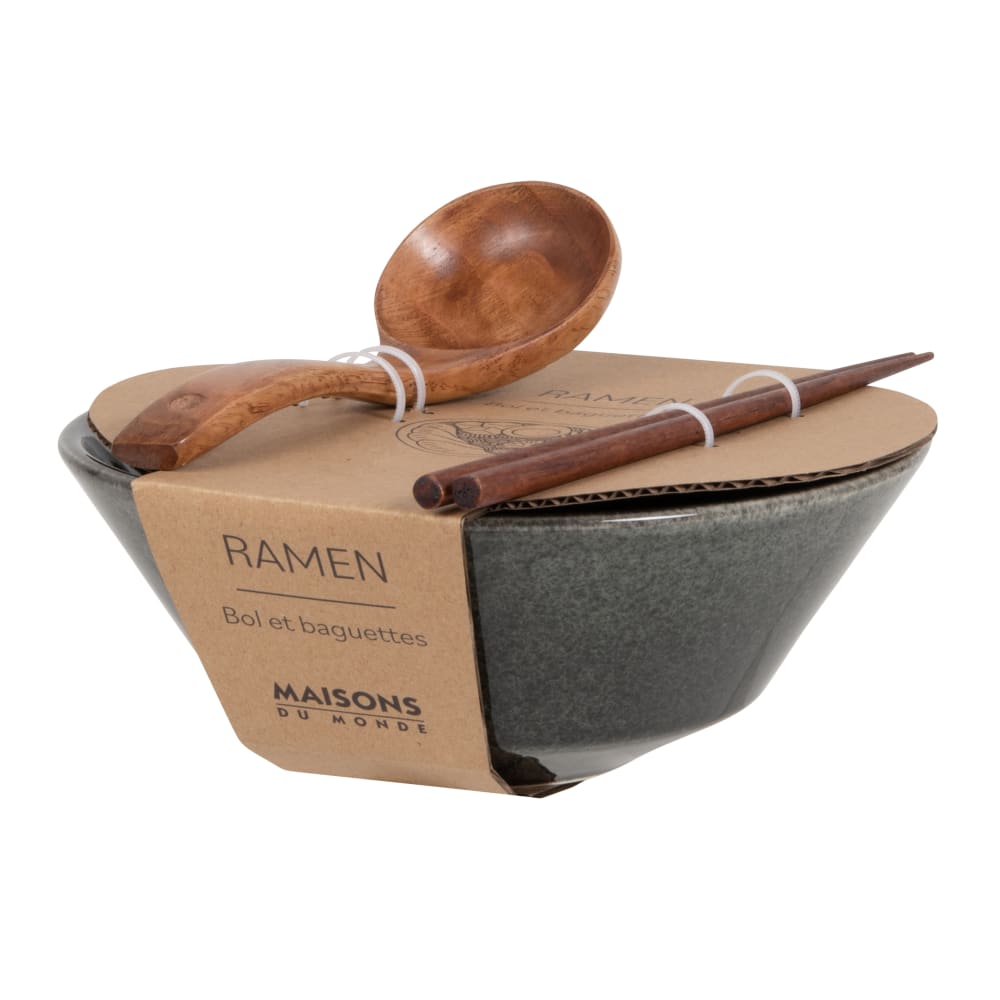 Bol ramen en céramique kaki foncé avec cuillère et baguette en bois dacacia Bol ramen en céramique kaki foncé avec cuillère et baguette en bois dacacia