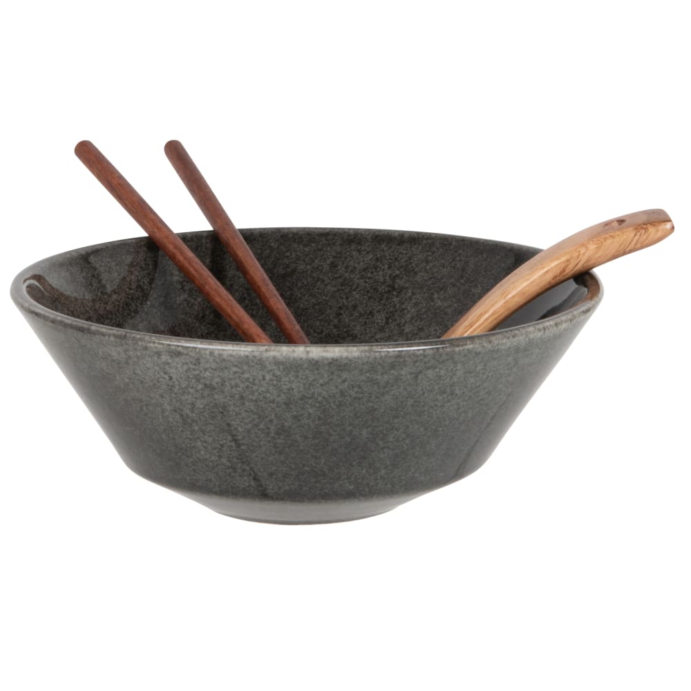 Bol ramen en céramique kaki foncé avec cuillère et baguette en bois dacacia - Maisons du Monde