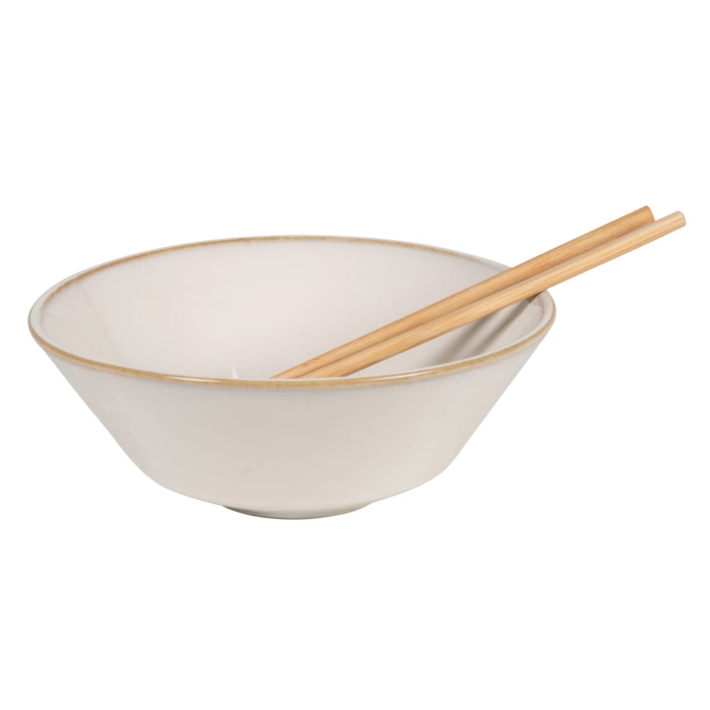 Bol à ramen en céramique beige et baguettes en bois d'acacia