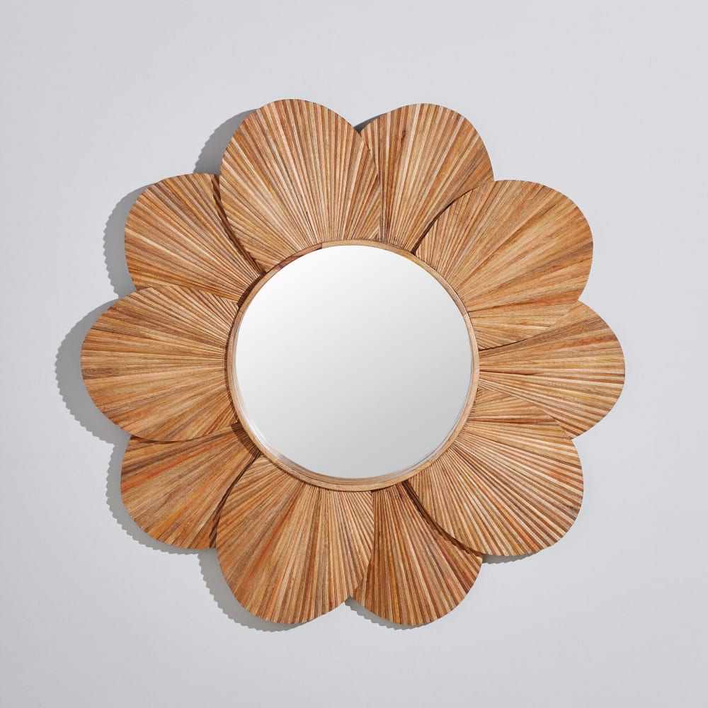 Miroir fleur en bois de manguier gravé, D120 cm