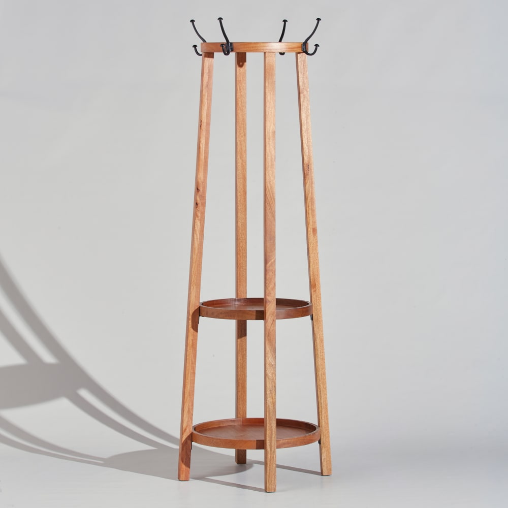 Portant en bois de manguier massif et patères en aluminium et fer forgé