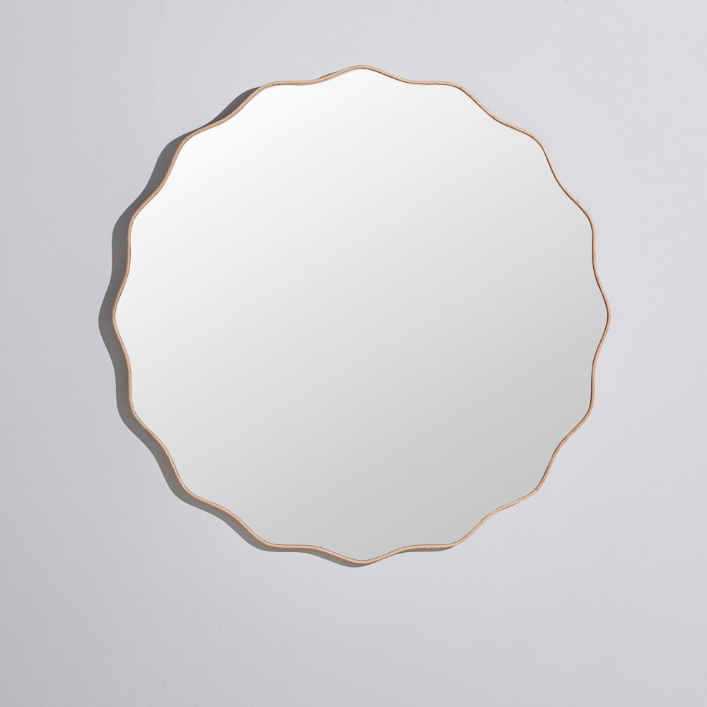 Miroir rond festonné en bois de chêne doré, D108 cm