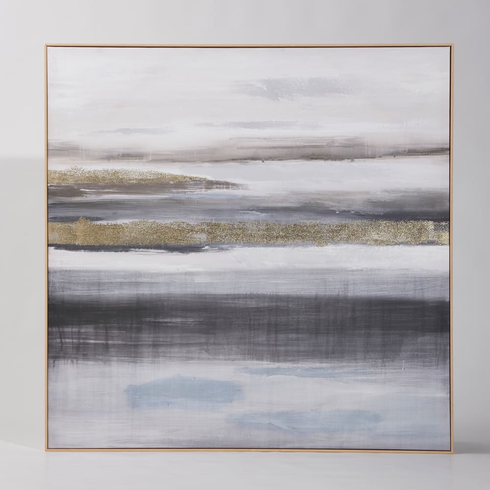 Cuadro abstracto pintado blanco, azul y dorado 112x112 cm