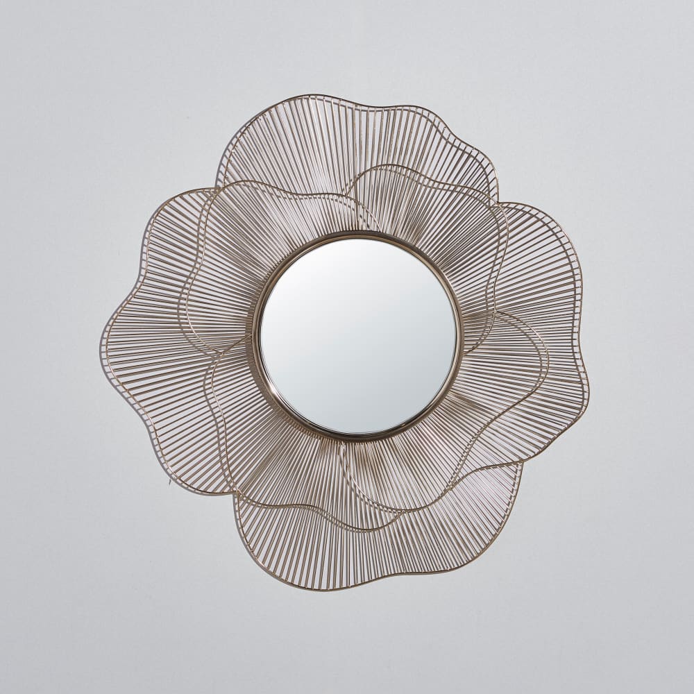 Miroir rond fleur en acier filaire doré 83x80