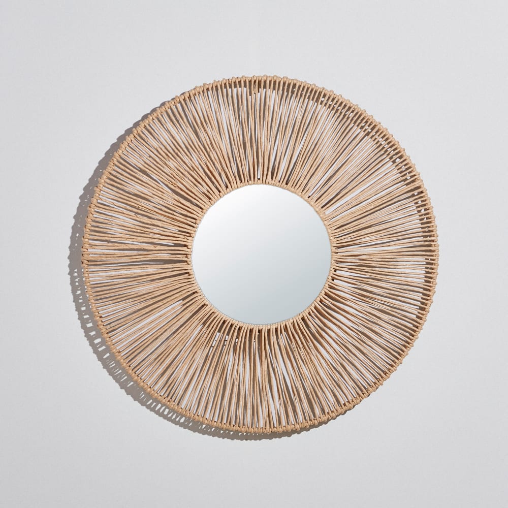 Miroir rond en papier tressé beige D100
