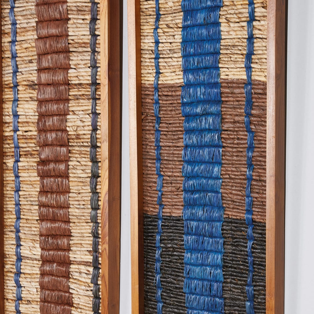 Déco murales en fibre de bananier et bois de teck bleu, marron, beige et noir (x2) - Maisons du Monde