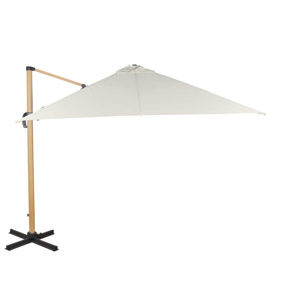 Parasol déporté 3x3m en aluminium imitation bois et toile en polyester recyclé écrue