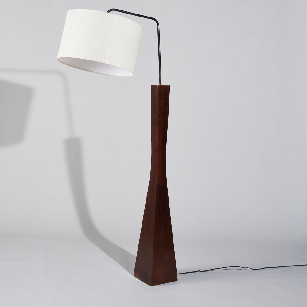 Lampadaire en bois de manguier et abat-jour en coton et lin crème H172