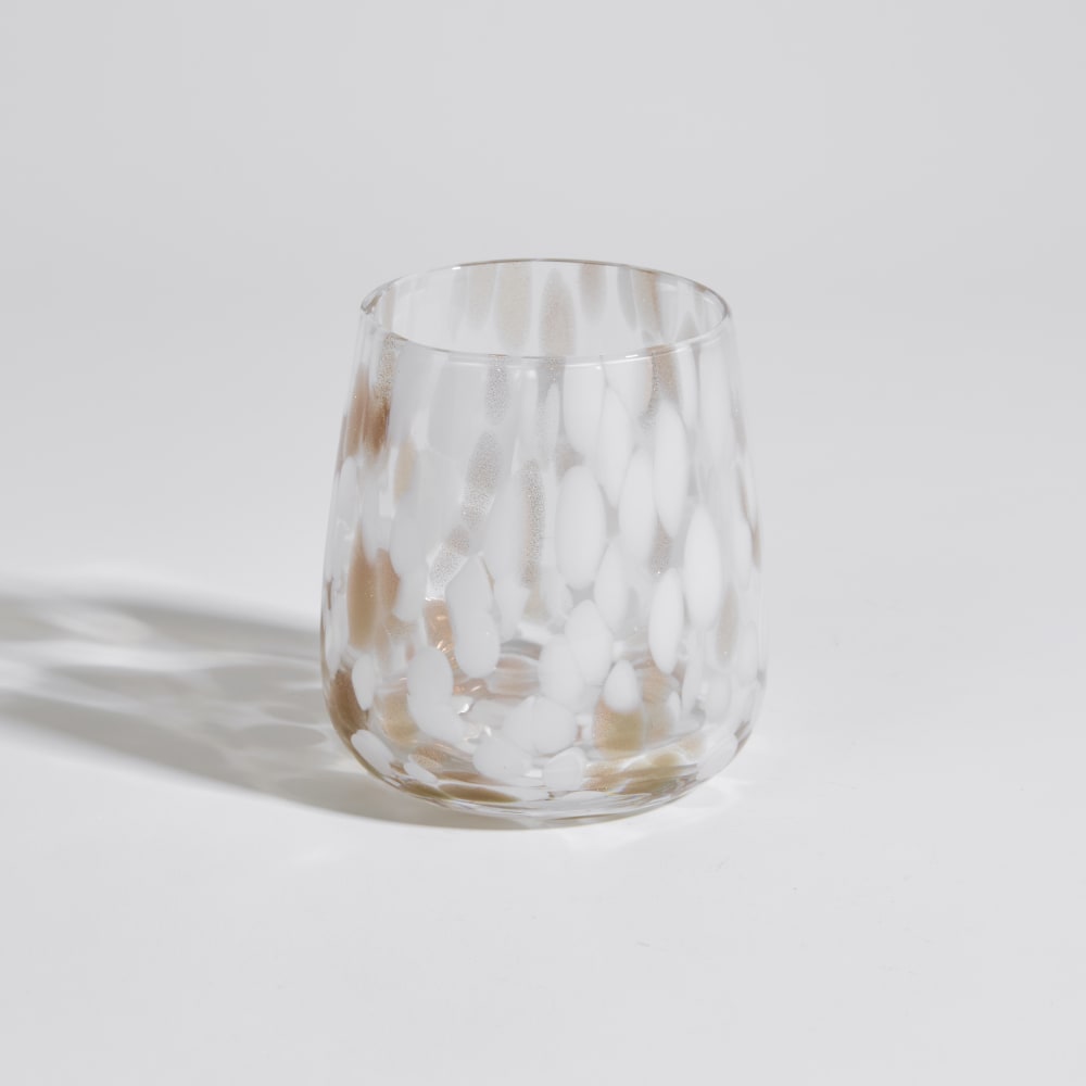 Gobelet en verre transparent, blanc et doré