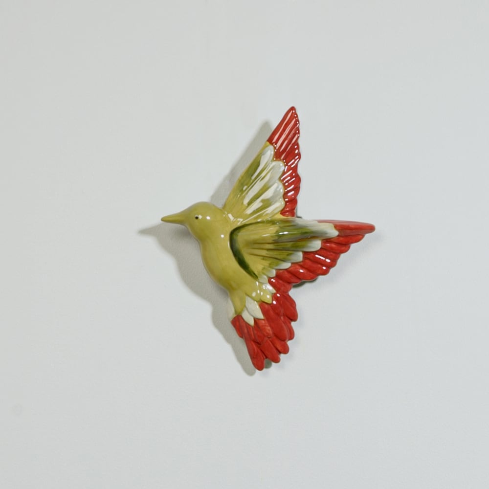 Déco murale oiseau en grès rouge et vert 20x25