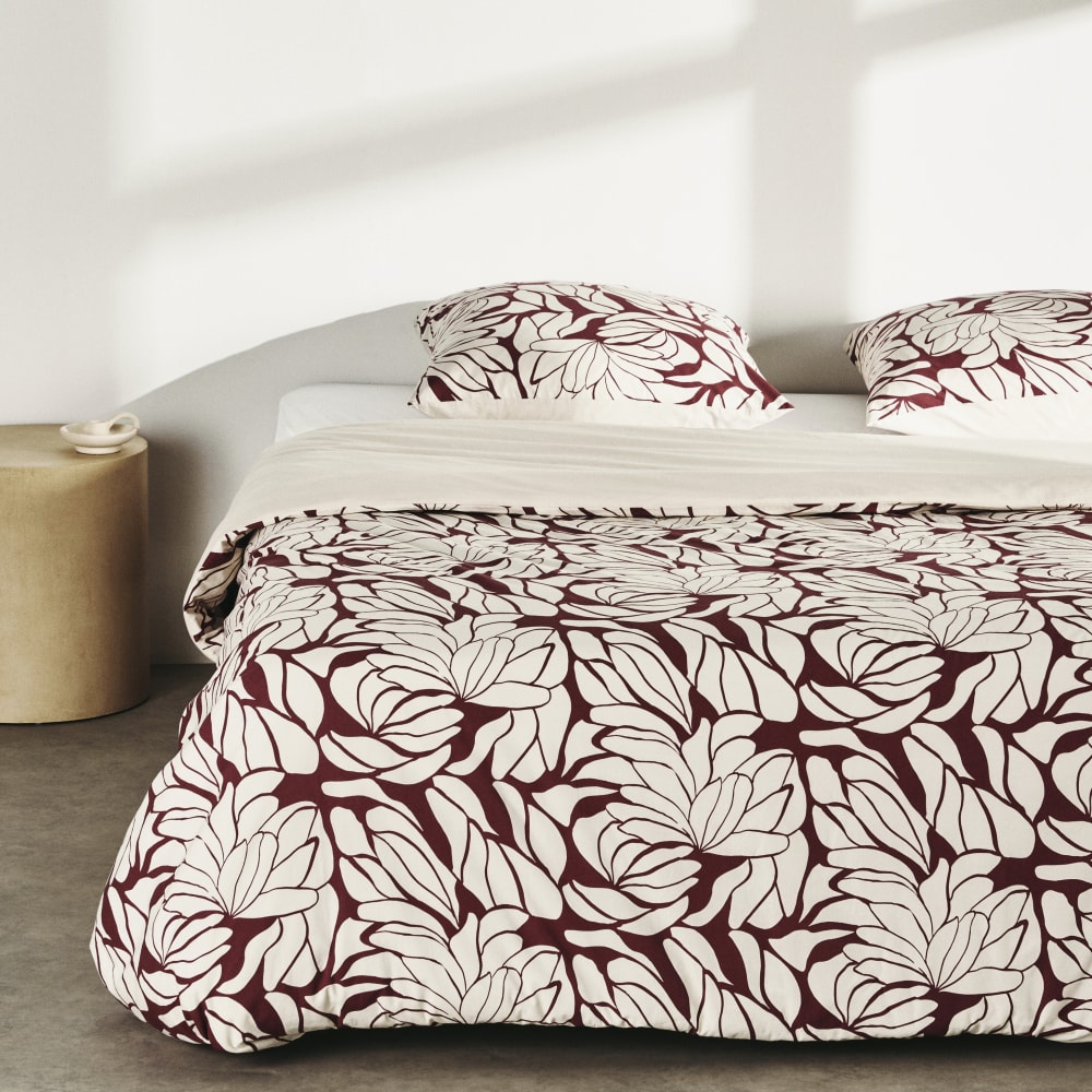 Parure de lit en coton bio beige et bordeaux à motif 240x220