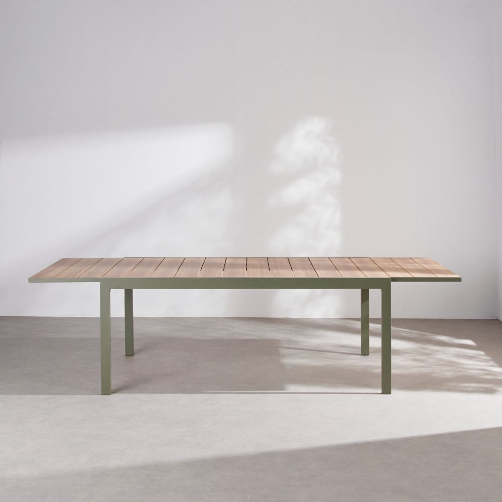 Table de jardin extensible en aluminium effet bois et vert kaki, 10 personnes, L185/280 cm