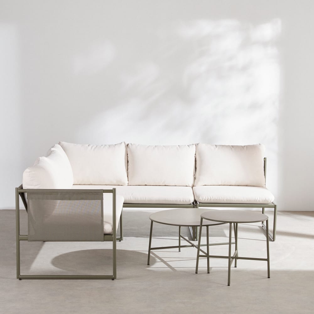 Salon de jardin 4 places en acier vert kaki et coussins en polyester recyclé écru