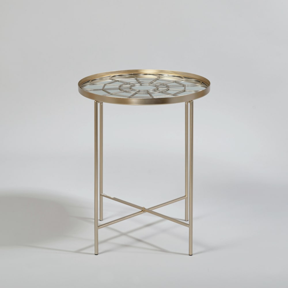 Bout de canapé en acier doré et plateau miroir en verre