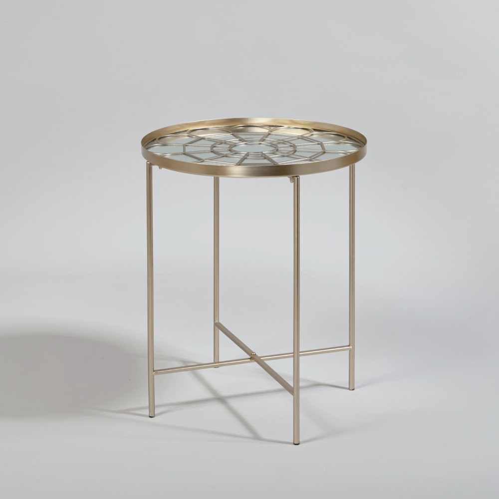 Bout de canapé en acier doré et plateau miroir en verre