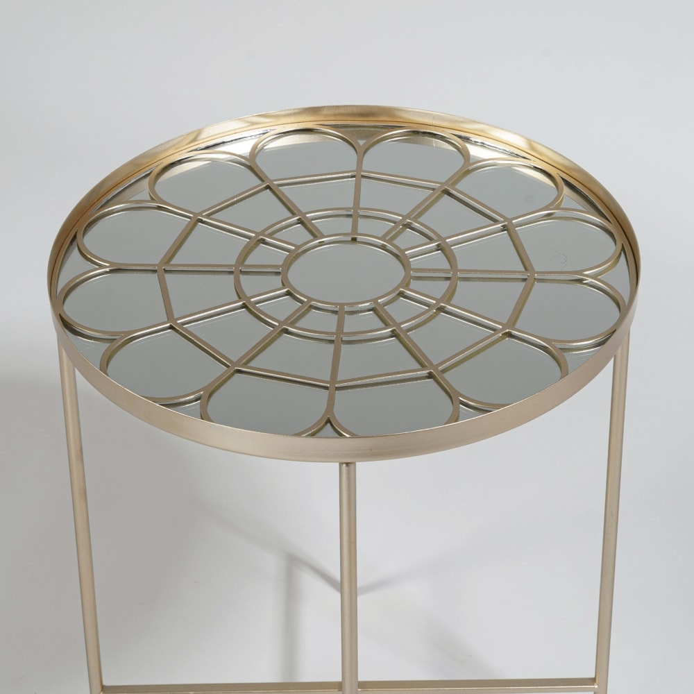 Bout de canapé en acier doré et plateau miroir en verre