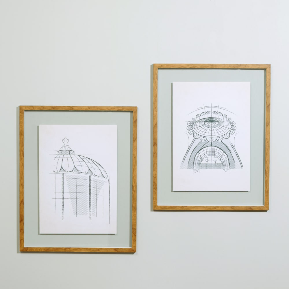 Tableaux imprimés architecture blanc et vert sous verre (x2)