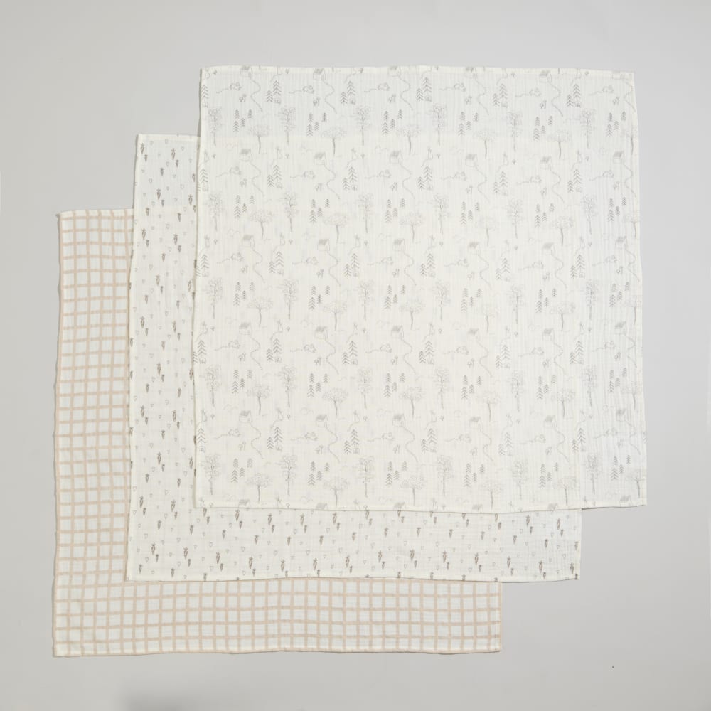 Langes en coton biologique écru motifs beiges et gris (x3)