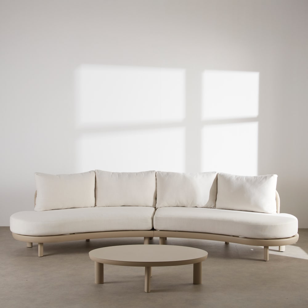 Salon de jardin 4 places en aluminium beige, corde et textile écru