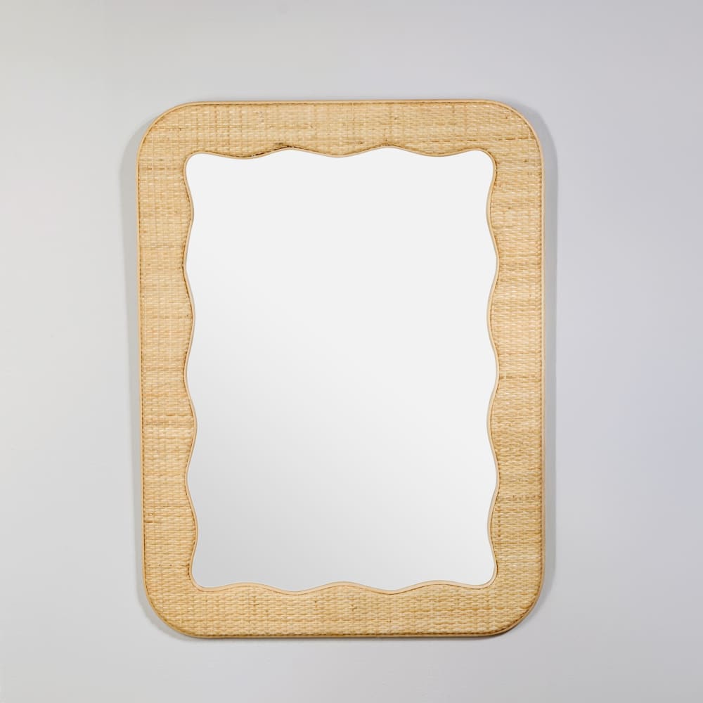 Miroir rectangulaire festonné et cannage en rotin, 61x81 cm