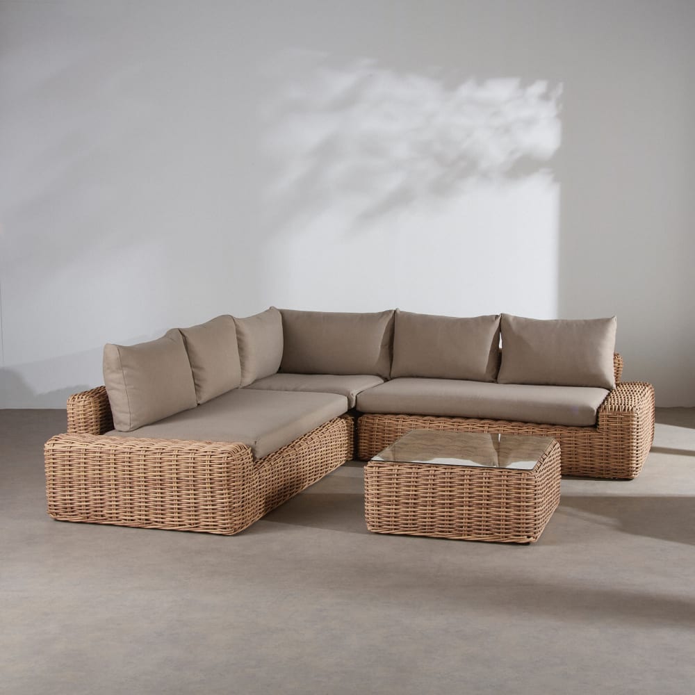 Salon de jardin 5 places en résine tressée recyclée imitation rotin et coussins en polyester recyclé taupe