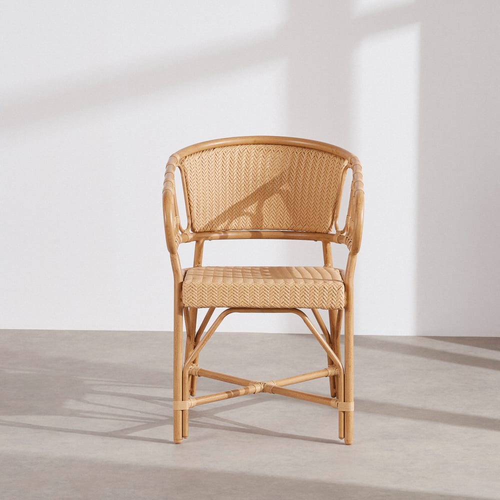 Fauteuil à dîner de jardin professionnel en aluminium imitation bambou et résine tressée recyclée beige