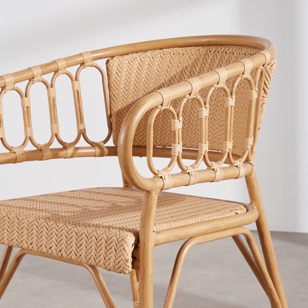 Fauteuil à dîner de jardin professionnel en aluminium imitation bambou et résine tressée recyclée beige — vue 4