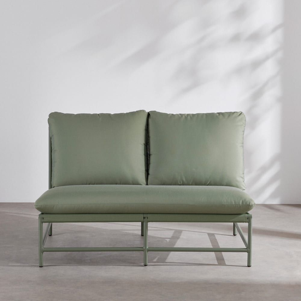 Canapé de jardin 2 places en aluminium, textilène et coussins en polyester recyclé vert kaki