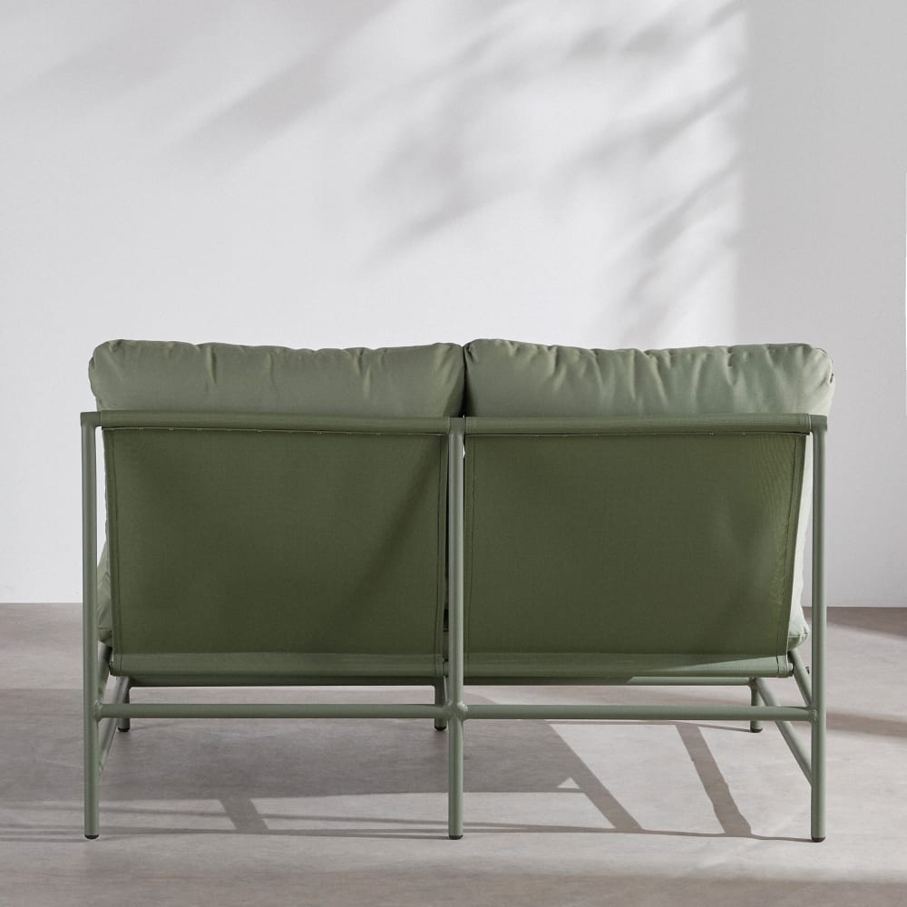 Canapé de jardin 2 places en aluminium, textilène et coussins en tissu polyester recyclé vert kaki — vue 4