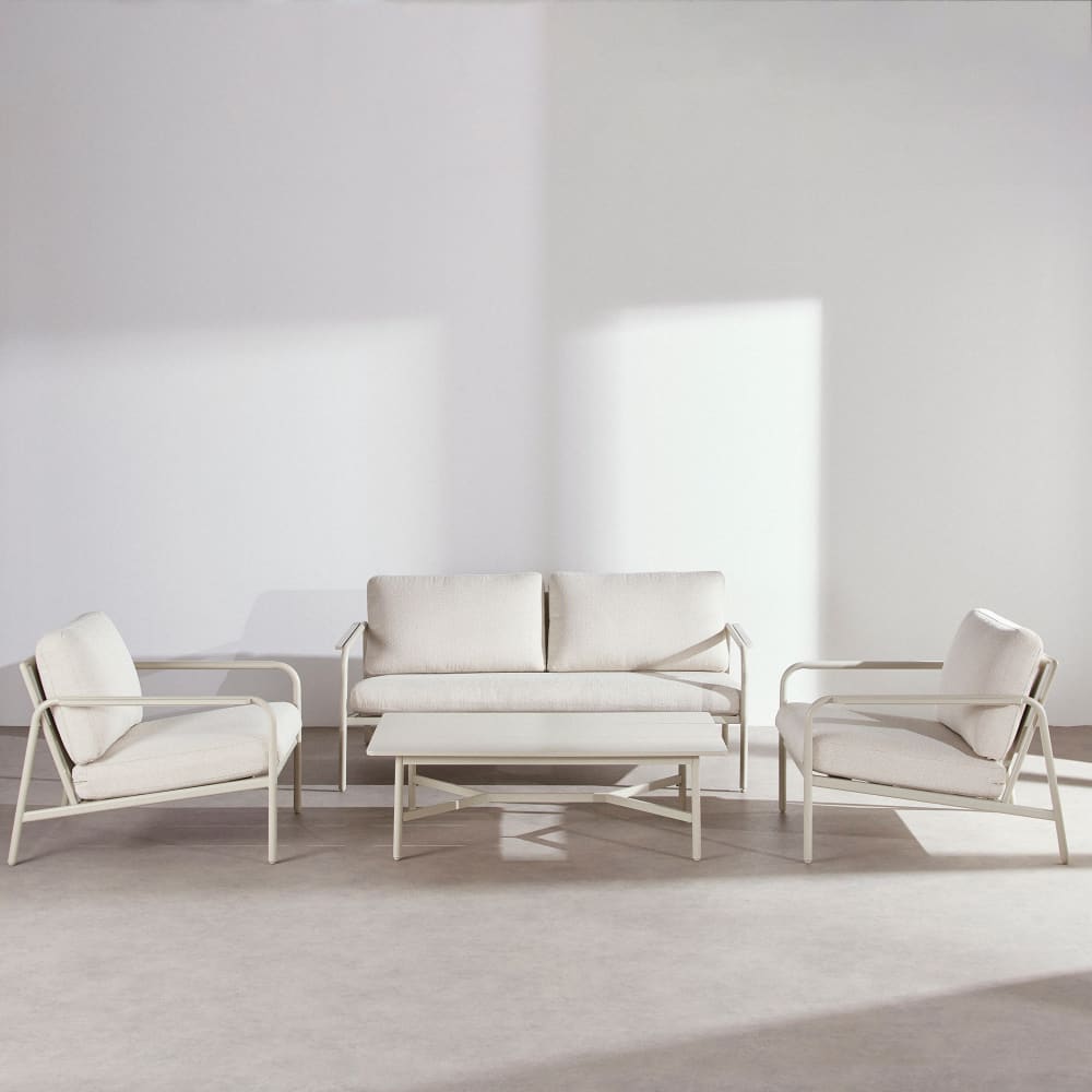 Salon de jardin 4 places en acier et coussins en polyester recyclé coloris argile