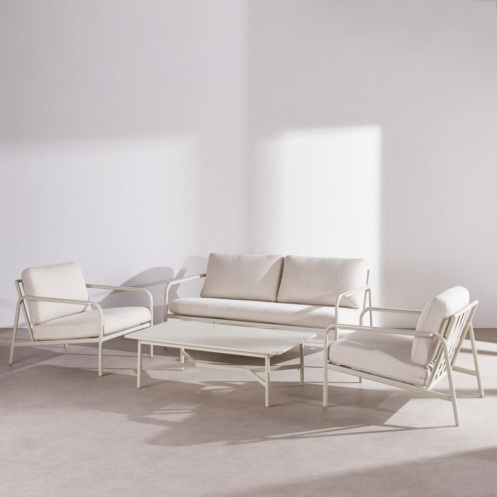 Salon de jardin 4 places en acier et coussins en polyester recyclé coloris argile