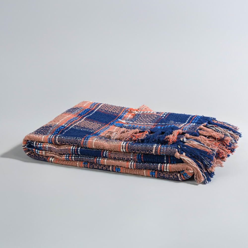Plaid en coton tissé à carreaux bleus et marron 130x170