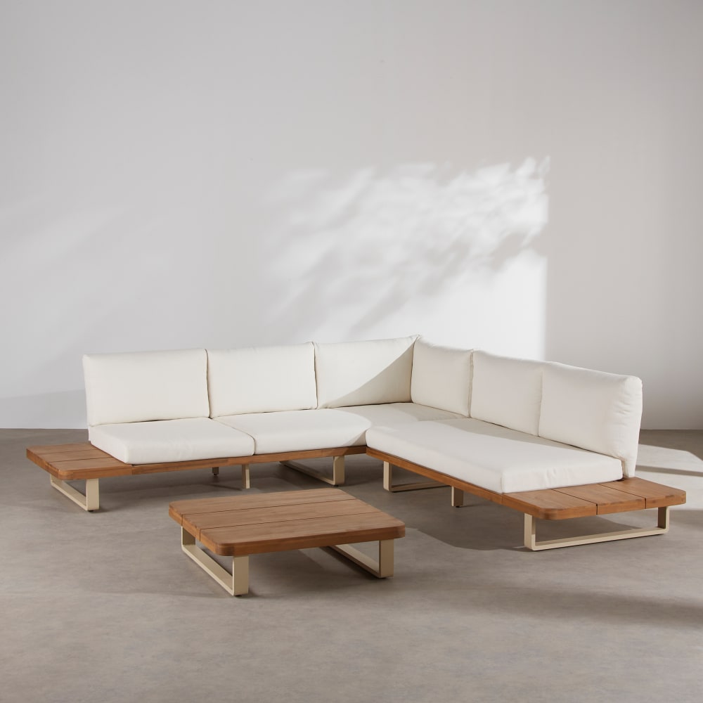 Salon de jardin 4/5 places en aluminium beige, bois d'acacia et coussins en polyester recyclé écru