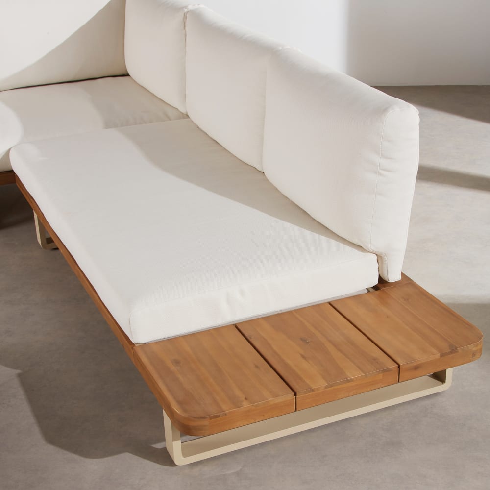 Salon de jardin 4/5 places en aluminium beige, bois d'acacia et coussins en polyester recyclé écru — vue 4